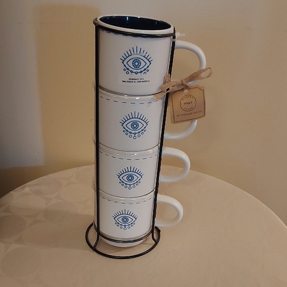 Other - Stackable White and Blue Evil Eye Mug Set With Metal Stand